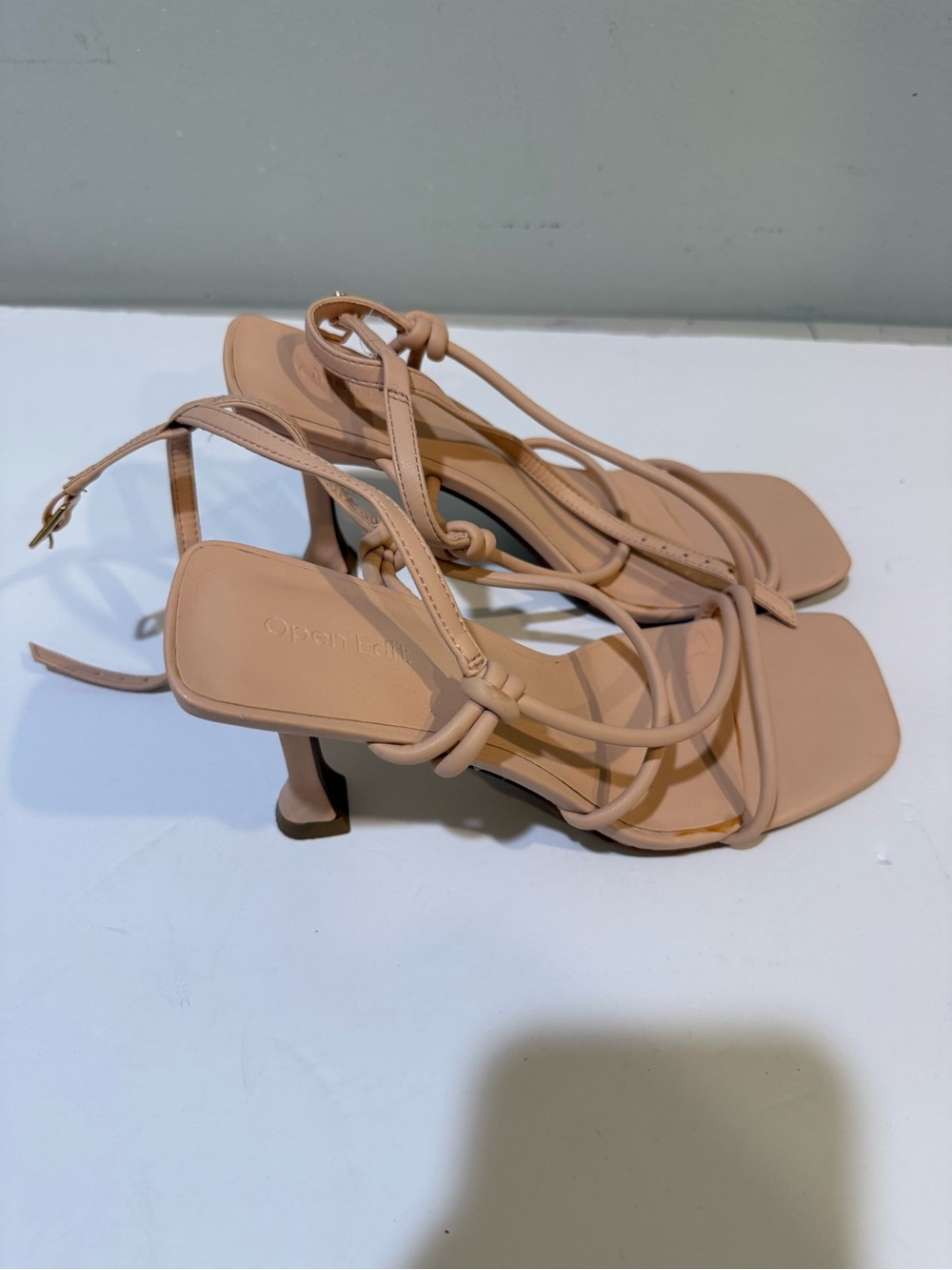 Open Edit Nude Strappy Square-Toe Heeled Sandals